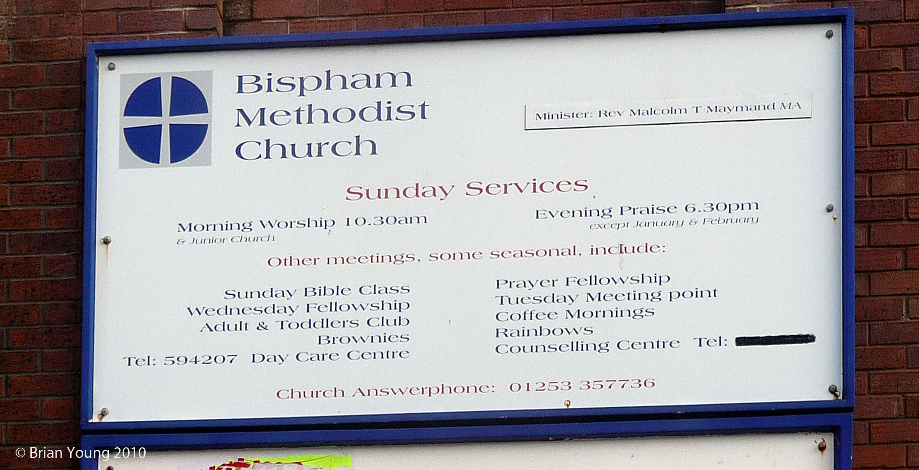 Bispham Methodist Church Board. Photograph supplied by and  of Brian Young