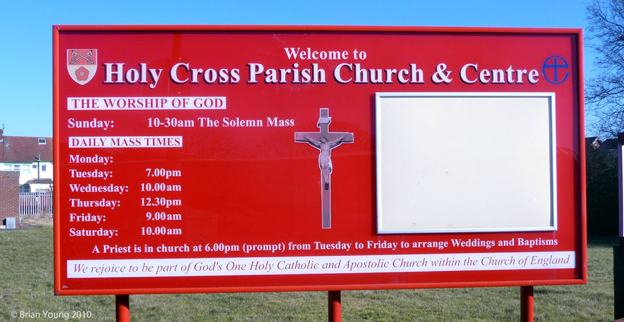 The Church Sign at the Holy Cross Church, Blackpool. Photograph supplied by and  of Brian Young