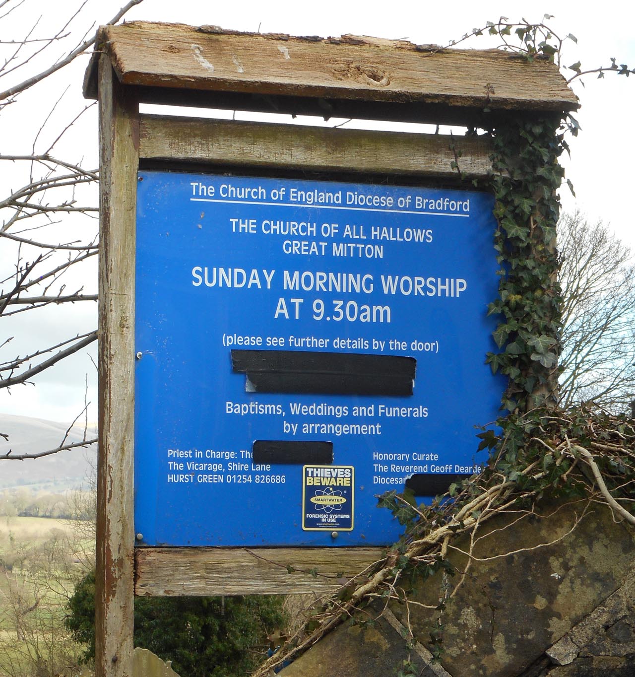 The Church Sign at All Hallows, Mitton. Photograph supplied by and  of Bob Yates