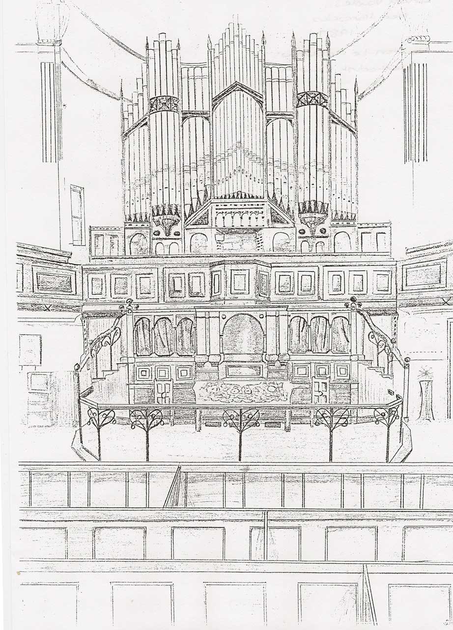 Drawing of interior of Cross Lane Church, pre 1914