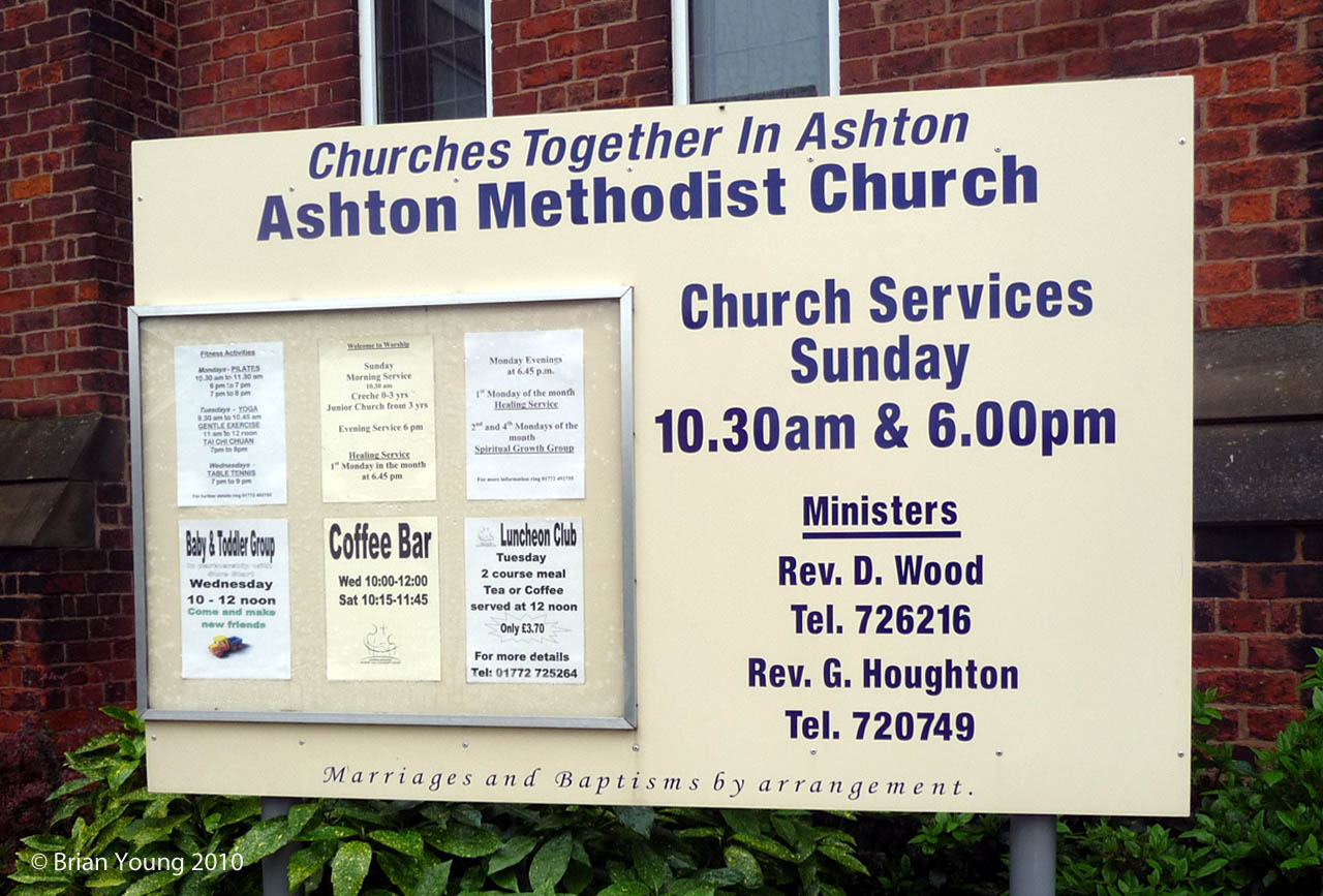 The Church Sign at Ashton Methodist Church. Photograph supplied by and  of Brian Young